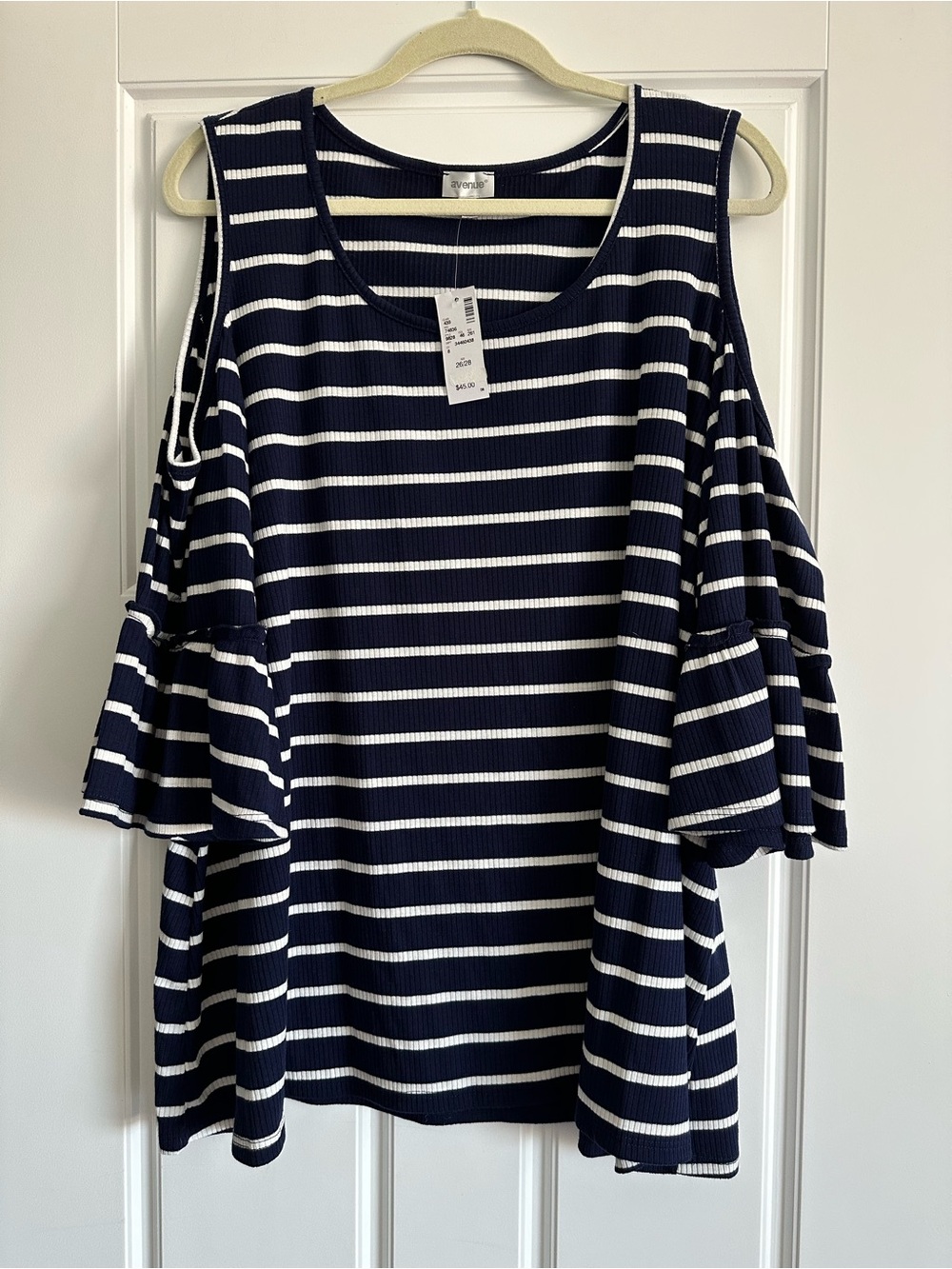 Avenue Navy & White Striped Cold-Shoulder Bell Sleeve Top